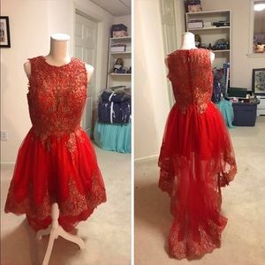 Red and gold hi-low dress